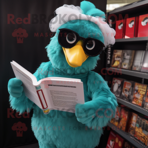 Teal Butter Chicken mascot costume character dressed with a Circle Skirt and Reading glasses