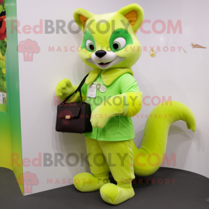 Lime Green Marten mascot costume character dressed with a Capri Pants and Coin purses