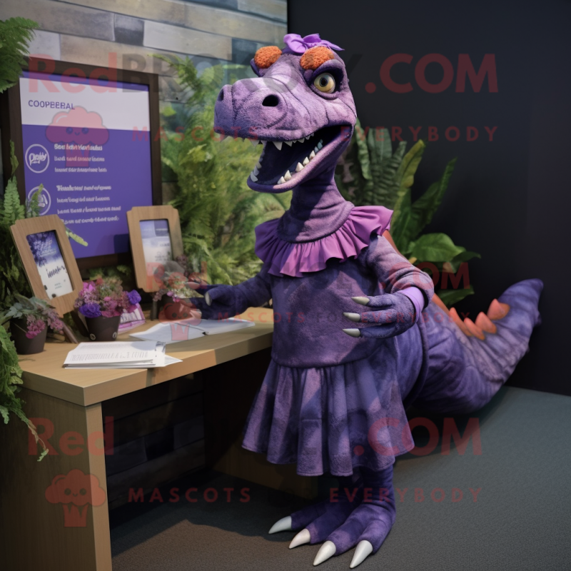 Purple Spinosaurus mascot costume character dressed with a A-Line Dress and Ties