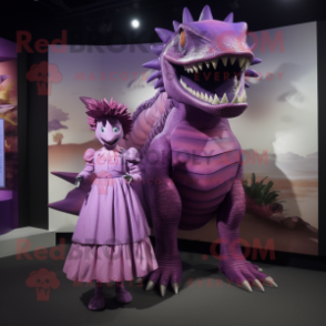 Purple Spinosaurus mascot costume character dressed with a A-Line Dress and Ties