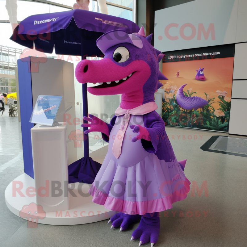 Purple Spinosaurus mascot costume character dressed with a A-Line Dress and Ties