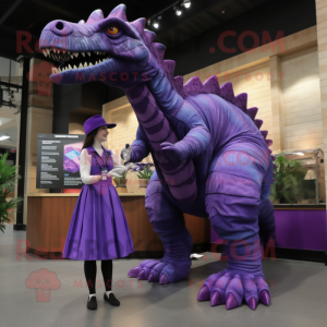 Purple Spinosaurus mascot costume character dressed with a A-Line Dress and Ties