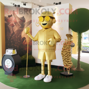 Gold Golf Bag mascot costume character dressed with a Playsuit and Cufflinks