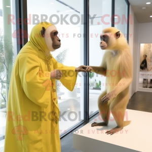 Lemon Yellow Capuchin Monkey mascot costume character dressed with a Maxi Dress and Watches