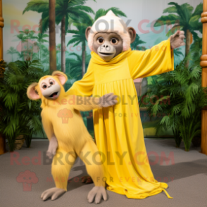 Lemon Yellow Capuchin Monkey mascot costume character dressed with a Maxi Dress and Watches