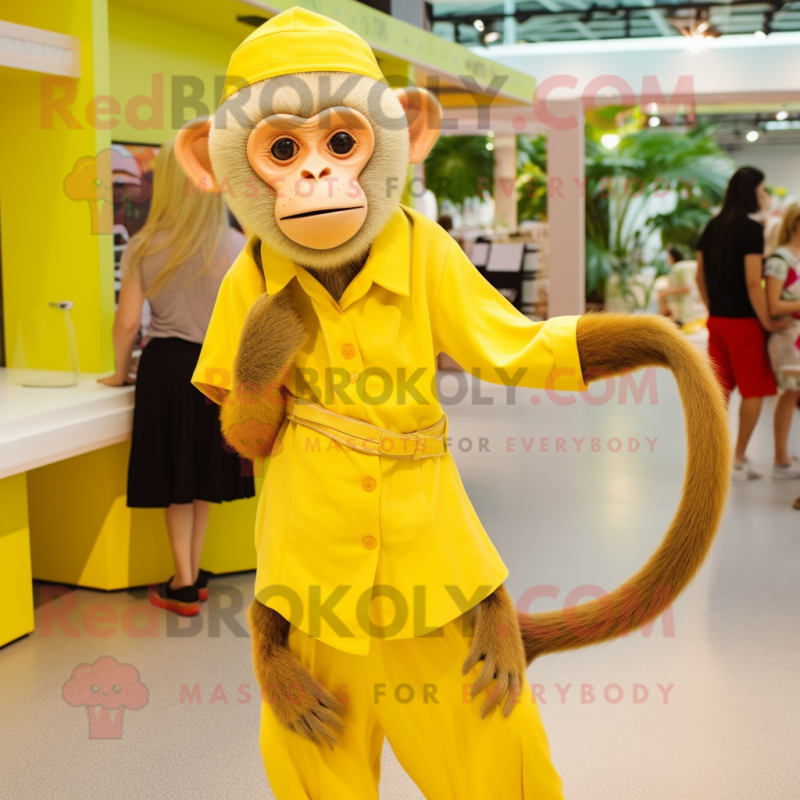 Lemon Yellow Capuchin Monkey mascot costume character dressed with a Maxi Dress and Watches