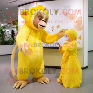 Lemon Yellow Capuchin Monkey mascot costume character dressed with a Maxi Dress and Watches
