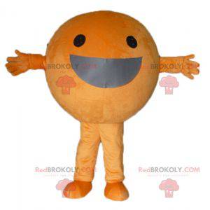 Reusachtige oranje mascotte rondom en glimlachend -