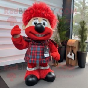 Red Bagpipe mascot costume character dressed with a Boyfriend Jeans and Brooches