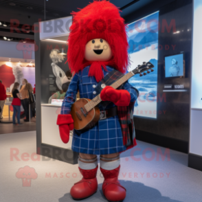 Red Bagpipe mascot costume character dressed with a Boyfriend Jeans and Brooches