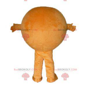 Reusachtige oranje mascotte rondom en glimlachend -