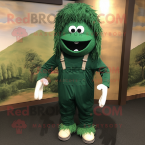 Forest Green Spaghetti mascot costume character dressed with a Overalls and Shoe clips