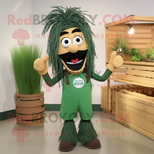 Forest Green Spaghetti mascot costume character dressed with a Overalls and Shoe clips