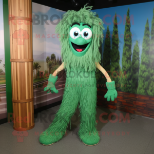 Forest Green Spaghetti mascot costume character dressed with a Overalls and Shoe clips