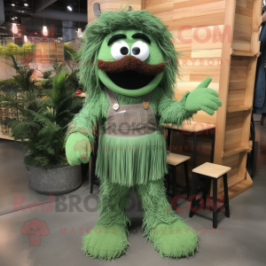 Forest Green Spaghetti mascot costume character dressed with a Overalls and Shoe clips