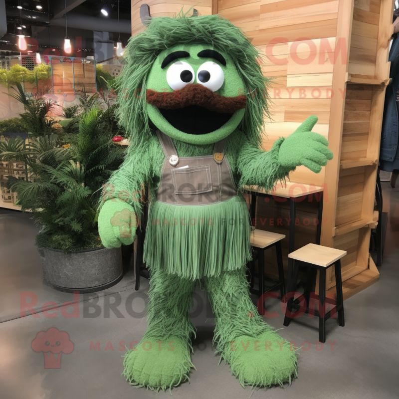 Forest Green Spaghetti mascot costume character dressed with a Overalls and Shoe clips
