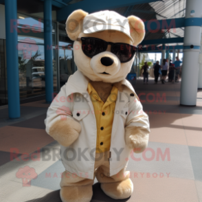 Cream Teddy Bear mascot costume character dressed with a Windbreaker and Sunglasses