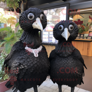 Black Guinea Fowl mascot costume character dressed with a Shift Dress and Brooches