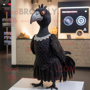 Black Guinea Fowl mascot costume character dressed with a Shift Dress and Brooches