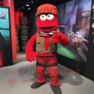 Red Frankenstein mascot costume character dressed with a Cargo Pants and Scarves