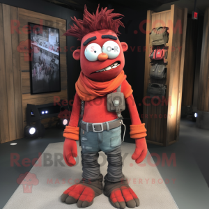 Red Frankenstein mascot costume character dressed with a Cargo Pants and Scarves