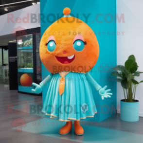 Turquoise Grapefruit mascot costume character dressed with a Skirt and Hair clips