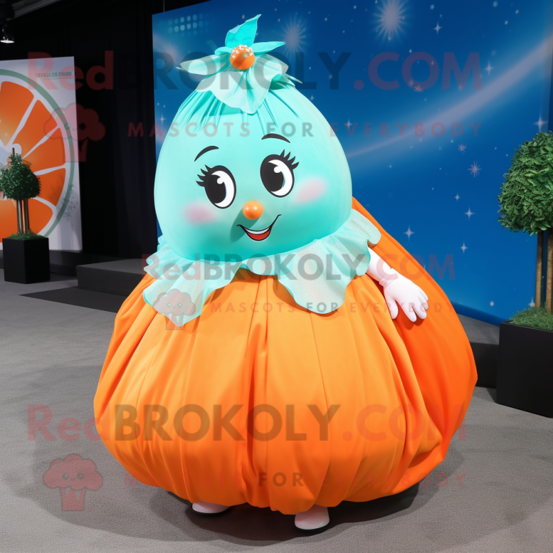 Turquoise Grapefruit mascot costume character dressed with a Skirt and Hair clips Turquoise Grapefruit mascot costume character dressed with a Skirt and Hair clips