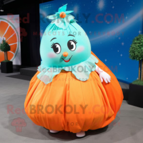 Turquoise Grapefruit mascot costume character dressed with a Skirt and Hair clips