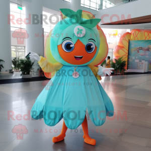 Turquoise Grapefruit mascot costume character dressed with a Skirt and Hair clips