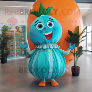 Turquoise Grapefruit mascot costume character dressed with a Skirt and Hair clips