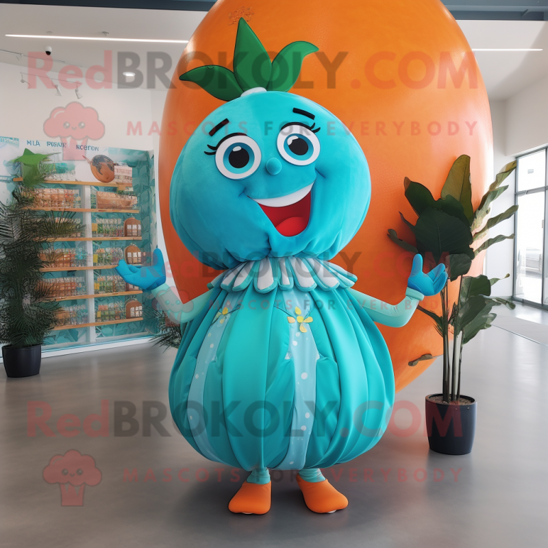 Turquoise Grapefruit mascot costume character dressed with a Skirt and Hair clips Turquoise Grapefruit mascot costume character dressed with a Skirt and Hair clips