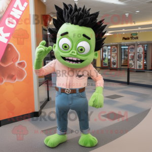 Peach Frankenstein mascot costume character dressed with a Skinny Jeans and Rings