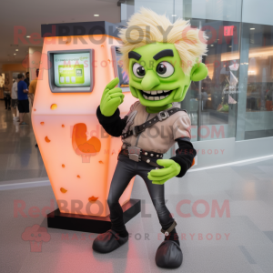 Peach Frankenstein mascot costume character dressed with a Skinny Jeans and Rings