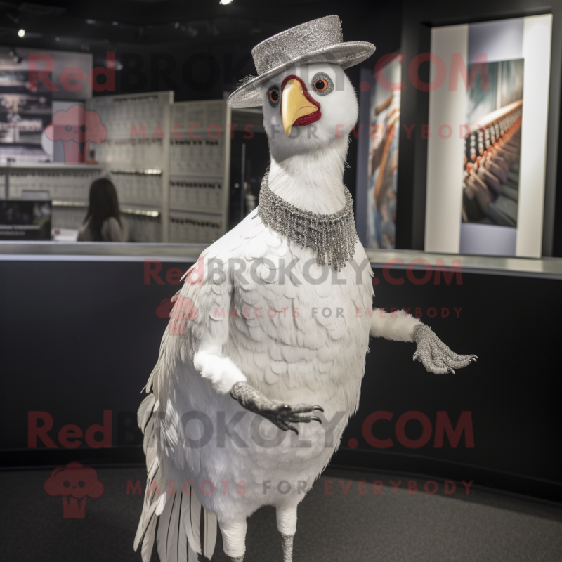 Silver Pheasant mascot costume character dressed with a Pencil Skirt and Hat pins Silver Pheasant mascot costume character dressed with a Pencil Skirt and Hat pins