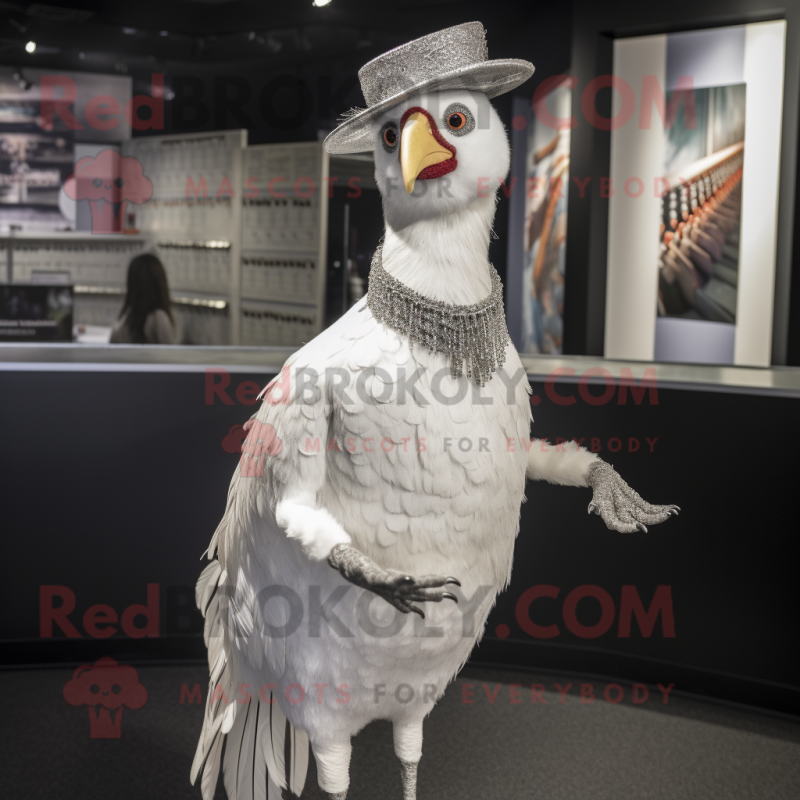 Silver Pheasant mascot costume character dressed with a Pencil Skirt and Hat pins