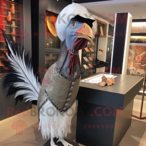 Silver Pheasant mascot costume character dressed with a Pencil Skirt and Hat pins