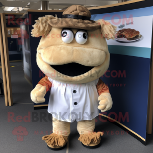 Cream Pulled Pork Sandwich mascot costume character dressed with a Oxford Shirt and Foot pads