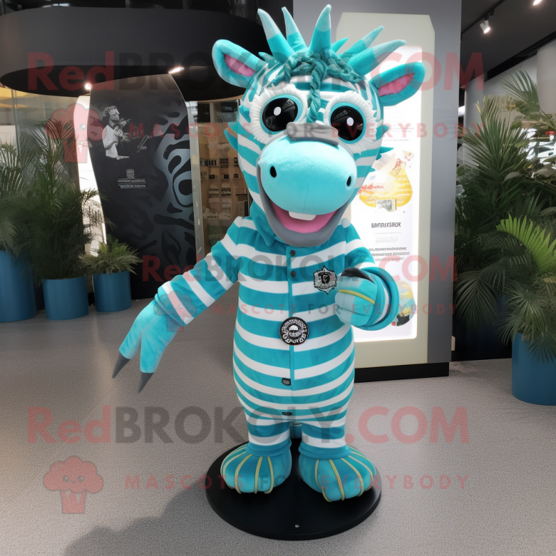 Turquoise Zebra mascot costume character dressed with a Romper and Brooches
