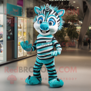Turquoise Zebra mascot costume character dressed with a Romper and Brooches
