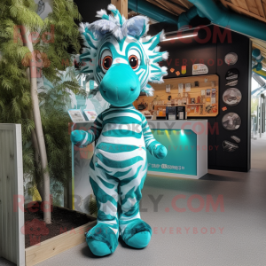 Turquoise Zebra mascot costume character dressed with a Romper and Brooches