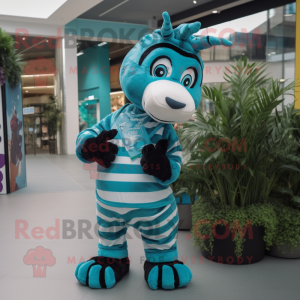 Turquoise Zebra mascot costume character dressed with a Romper and Brooches