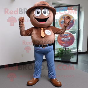 Brown Donut mascot costume character dressed with a Bootcut Jeans and Tie pins
