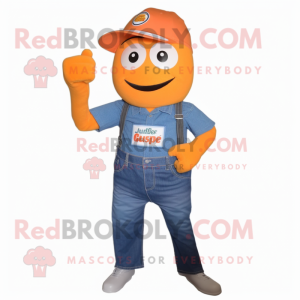 Orange Aglet mascot costume character dressed with a Denim Shirt and Bracelet watches