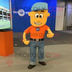 Orange Aglet mascot costume character dressed with a Denim Shirt and Bracelet watches