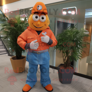 Orange Aglet mascot costume character dressed with a Denim Shirt and Bracelet watches