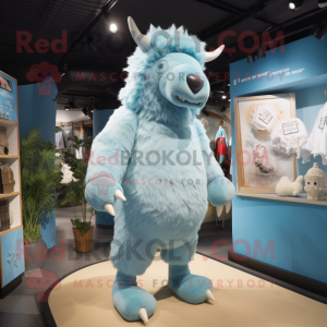 Sky Blue Woolly Rhinoceros mascot costume character dressed with a One-Piece Swimsuit and Brooches