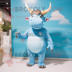 Sky Blue Woolly Rhinoceros mascot costume character dressed with a One-Piece Swimsuit and Brooches