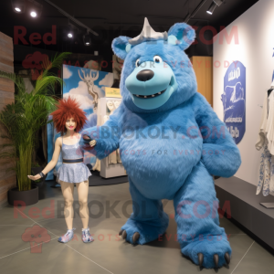 Sky Blue Woolly Rhinoceros mascot costume character dressed with a One-Piece Swimsuit and Brooches