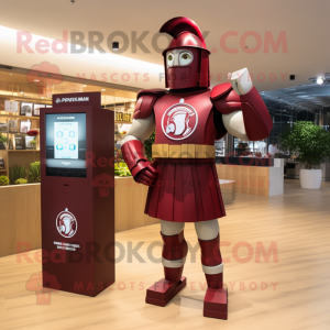 Maroon Spartan Soldier mascot costume character dressed with a Cocktail Dress and Digital watches