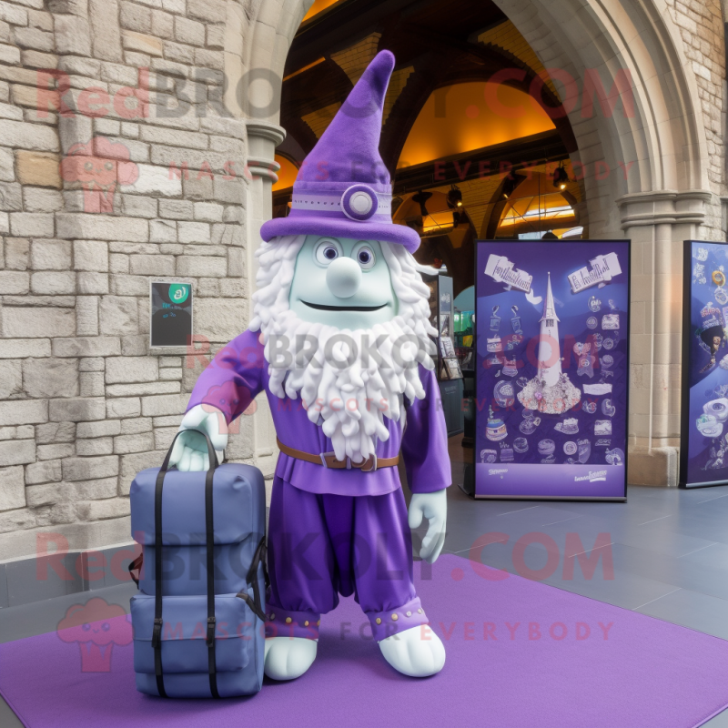 Lavender Irish Castle mascot costume character dressed with a Leggings and Briefcases